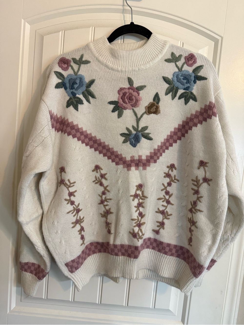 Alfred Dunner White Crewneck Sweater with Pink & Blue Floral Embroidery